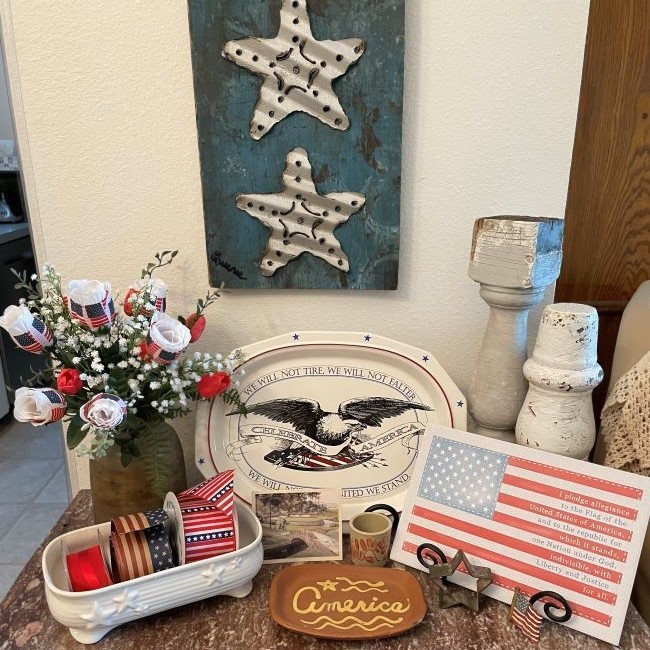 Vignette with vintage inspired red, white & blue decor