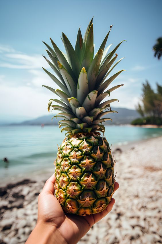 hand holding a pineapple on a beach