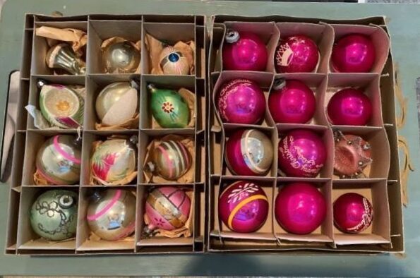 two boxes of vintage Christmas ornaments