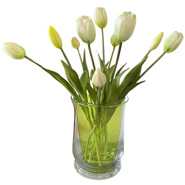 10 faux white tulips in a glass vase