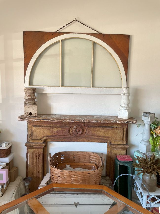 reclaimed mantel and old basket ready to decorate