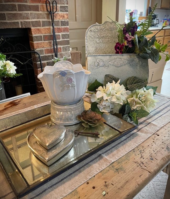 mirrored tray with garden style accents