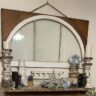 architectural salvage pieces accent an early fall mantel with blue & white pumpkins